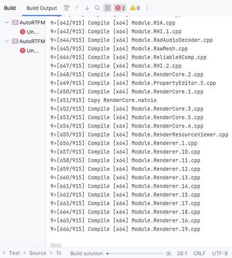 Build Output:
9>[642/915] Compile [x64] Module.RSA.cpp
9[643/915] Compile [x64] Module.RHI.1.cpp
9>[644/915] Compile [x64] Module.RadAudioDecoder.cpp
9>[645/915] Compile [x64] Module.Rawtesh.cpp
9>[646/915] Compile [x64] Module.ReliableHComp.cpp
9>[647/915] Compile [x64] Module.RHI.2.cpp
9>[648/915] Compile [x64] Module.RenderCore.2.cpp
9>[649/915] Compile [x64] Module.PropertyEditor.5.cpp
9>[656/915] Compile [x64] Module.RenderCore.1.cpp
9>[651/915] Copy RenderCore.natvis
9>[652/915] Compile [x64] Module.RenderCore.3.cpp
9>[653/915] Compile [x64] Module.RenderCore.5.cpp
9>[654/915] Compile [x64] Module.RenderCore.4.cpp
9>[655/915] Compile [x64] Module.RenderResourceViewer.cpp
9>[656/915] Compile [x64] Module.Renderer.1.cpp
9>[657/915] Compile [x64] HModule.Renderer.10.cpp
9>[658/915] Compile [x64] HModule.Renderer.11.cpp
9>[659/915] Compile [x64] Module.Renderer.12.cpp
9>[666/915] Compile [x64] Module.Renderer.13.cpp
9>[661/915] Compile [x64] HModule.Renderer.14.cpp
9>[662/915] Compile [x64] Hodule.Renderer.15.cpp
9>[663/915] Compile [x64] HModule.Renderer.17.cpp
9>[664/915] Compile [x64] HModule.Renderer.18.cpp
9>[665/915] Compile [x64] Module.Renderer.16.cpp
9>[666/915] Compile [x64] Hodule.Renderer.19.cpp