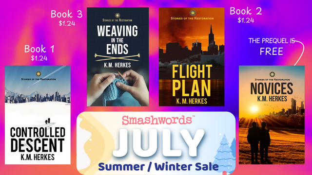 Splash ad showing ebook covers for Controlled Descent, Flight Plan, Weaving In The Ends, and Novices,  with their price points as listed in the post, above a graphic of snowy trees juxtaposed against a beachball on sand, advertising the Smashwords JULY Summer/Winter Sale. 