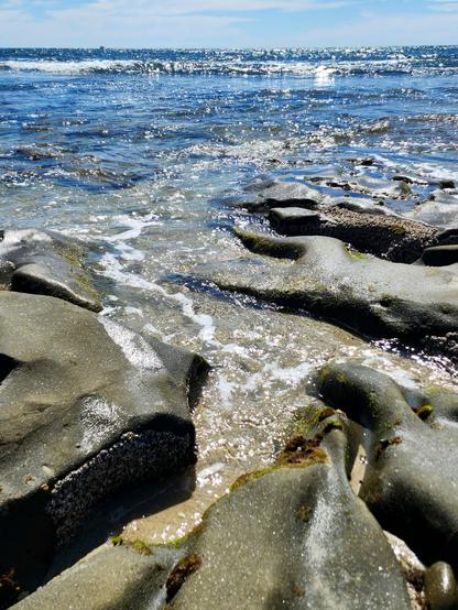 Rocky outcrops, smoothed by the ocean into curvy inlets, the ebbing tide in the background.