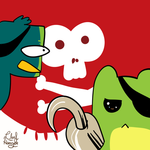Froggelio y Collverd con parches y un garfio delante de una bandera pirata roja y blanca.