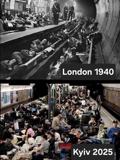 Menschen, die 1940 und 2025 im Tunnel Schutz vor den Bombenangriffen eines Diktators suchen. Gestern London, heute Kyiv, gestern Hitler, heute Putin.