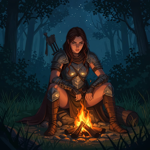 fantasy illustration of female warrior sits at campfire in forest