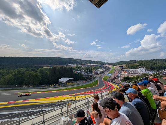 a formula 1 car zooms past a crowd of spectators