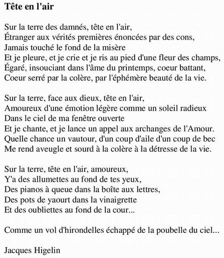 Texte de la chanson de Jacques Higelin "Tête en l'air"