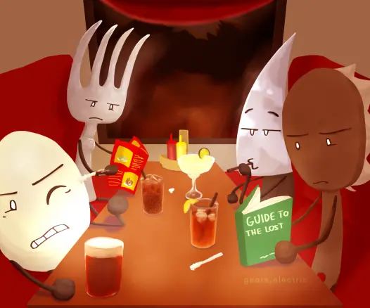 Four objects sit at a restaurant booth with red seats and a brown table. A red light at the top of the image, and as the viewer we are opposite of the window. 
On the left side is Fork by the window, squinting as he reads the menu, a cup of soda in front of him and a crumpled piece of trash. Next to him is egg, who is has a glass of some sort of beer, and is seen annoyedly trying to block a straw wrapper which is hitting him in the face.
On the other side by the window is Choppy, a knife, who has a margarita in front of him on the table. He has a straw in his mouth, which he just used to blow the wrapper for it at Egg. Next to him is Brush, who seems to be trying to focus on a green book, titled “Guide To The Lost”. In front of him is a cup of iced tea, and his own straw wrapper.