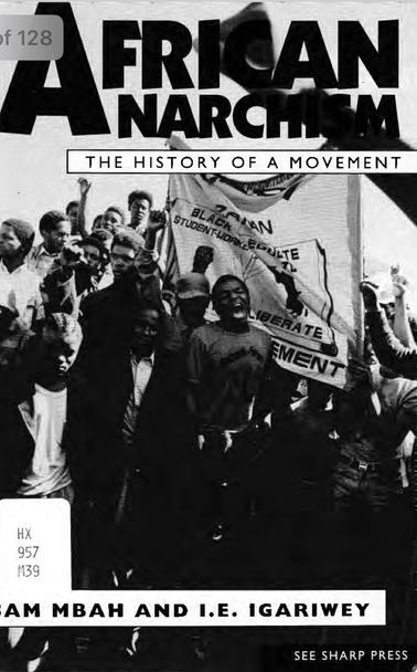 The image features the cover of a book titled "African Anarchism: The History of a Movement." It includes a crowd of people holding a banner that reads "ZAYAN BLACK STUDENT WORKERS' MOVEMENT." The authors' names are also on the cover.