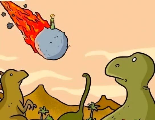 cartoon of dinosaurs watching as a meteor is about to crash into the earth, with the little prince standing on it