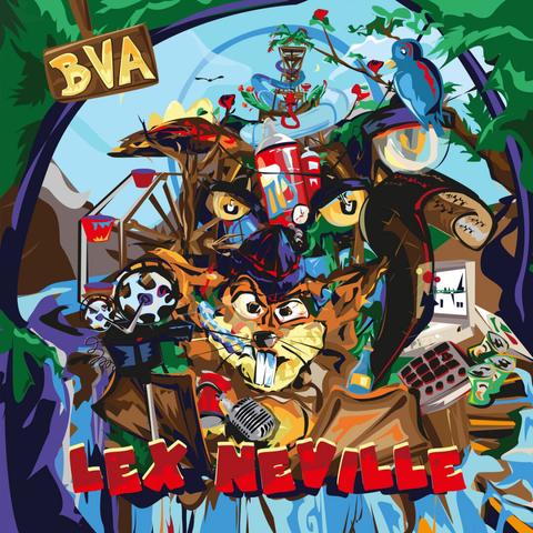 Album cover for Lex Neville by BVA. A wild, chaotic illustration featuring a snarling cartoon character with long, exaggerated teeth, holding a mic. Around him are layered visuals: a spray can, eyes peeking from the background, a Ferris wheel, a computer, and music equipment. Vivid colors, sharp lines, and surreal imagery create an overwhelming sense of manic creativity and street-level intensity.