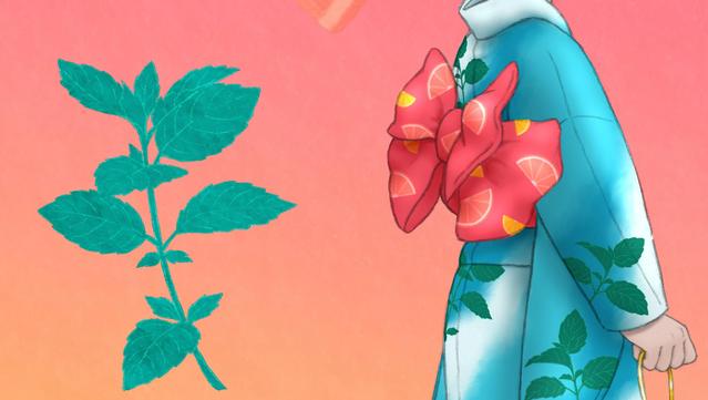 Lähikuva, jossa näkyy takaa rusetiksi sidottu obi. Näkyvissä on myös kuvan taustalla oleva minttu, johon onnistuin tekstuureilla saamaan aikaiseksi hieman kiiltokuvamaisen vaikutelman.