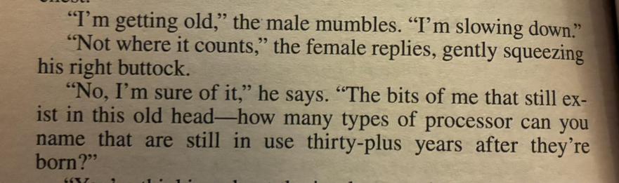 "I'm getting old," the male mumbles. "I‘m slowing down."

"Not where it counts," the female replies, gently squeezing
his right buttock.

"No, I'm sure of it," he says. "The bits of me that still exist in this old head—how many types of processor can you name that are still in use thirty-plus years after they're born?"