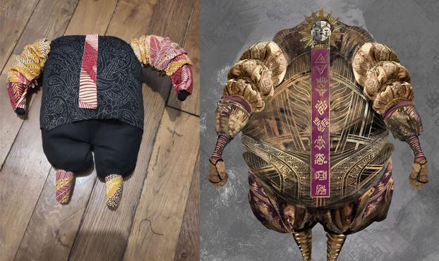 deux images cote à côte, à gauche une peluche pas terminée, à droite un artwork d'esquie une grande créature humanoide avec un tout petit masque et un corps gigantesque