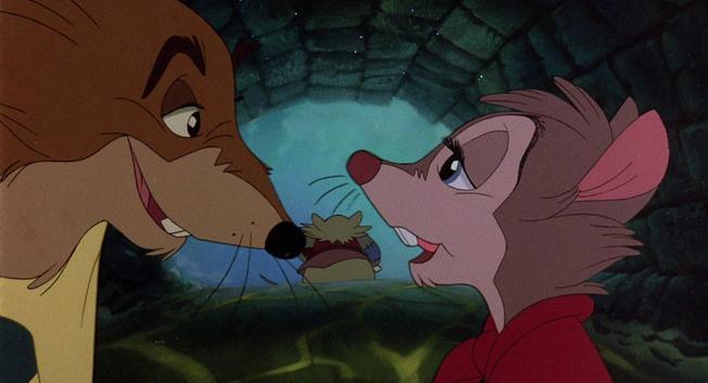 Closeup of Miss Brisby the mouse and Justin, a brown-furred, male rat.

Being male and a rat, he's bigger than Miss Brisby and his muzzle is longer and arched slightly downwards.

Both of them are looking at each other with kind smiles, Justin in a friendly and flirty expression and Miss Brisby, gently looking up to him, with a slightly lovestruck expression and half-closed, loving eyes, the close camera angle emphasizing her eyelashes.

Miss Brisby seems to wear her red cape and Justin wears a kind of yellow or beige shirt.

In the background you can see the back of elderly mouse man Mister Ages walking away from them.