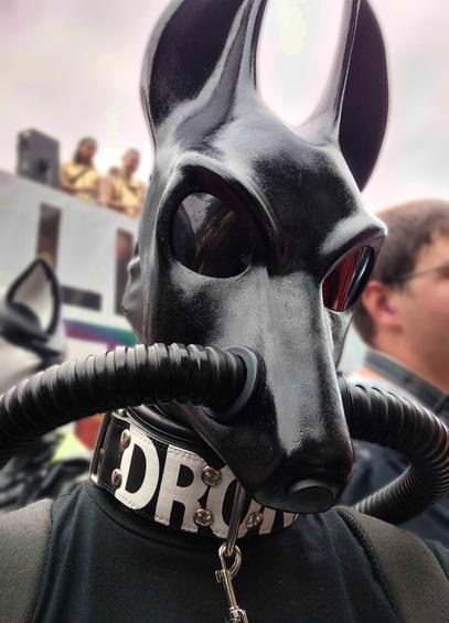 Headshot selfie of the Jackal Drone in front of a stage truck. In the background, you can barely recognise some people and a silicone wolf mask.