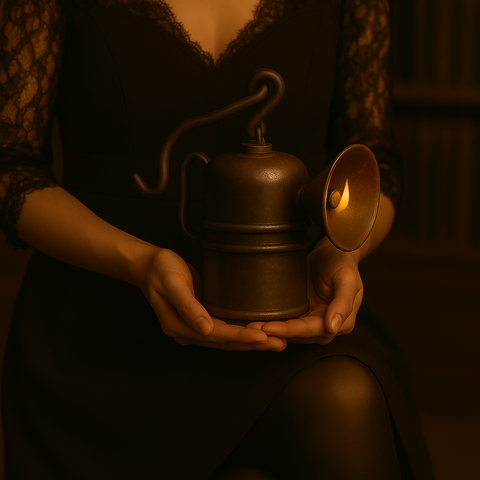 Close-up of a woman in an elegant dark lace dress, seated. She holds an antique carbide lamp with both hands. A small flame burns inside the reflector of the lamp. The background is softly blurred shelves of an old library.
