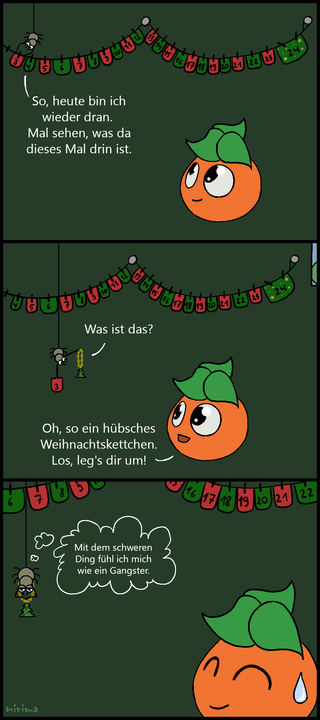 ein Tomaten-Comic bei dem die Spinne am Adventskalender das dritte Säckchen öffnet