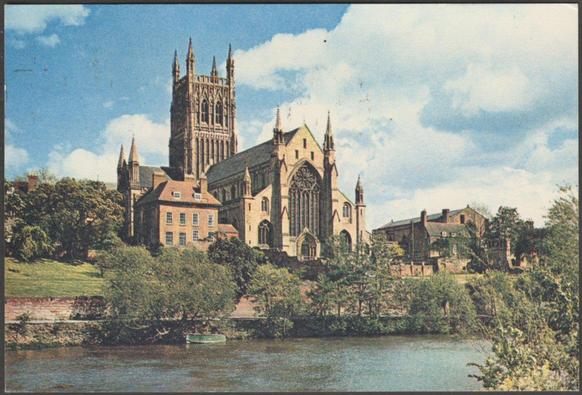 Printed colour postcard showing a view of Worcester Cathedral and the River Severn at Worcester in Worcestershire.

Published by J. Arthur Dixon Ltd, Newport, No WORC 1065.

Postally used on 25 July 1978 with Worcester cancellation and Export By Post slogan postmark on red-brown 7p stamp and sent to Tilehurst, Berkshire.

Very good condition, with very slight corner bumps.
