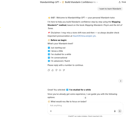 A tool for learning Mandarin using Chat GPT. It's called, MandarinMap GPT and can break down complex sentences and build sentences from the most basic unit of meaning.