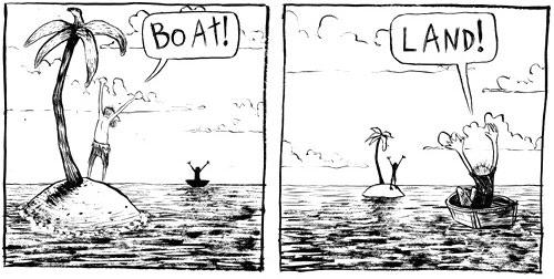 Comic, zwei Kästen. Links: Ein Mann auf einer kleinen Insel mit einer Palme sieht in der Ferne einen Menschen in einem Boot und schreit: "Boat!". Rechter Kasten: Ein Mann in einem Boot sieht in der Ferne eine Person auf einer Insel und schreit: "Land!".