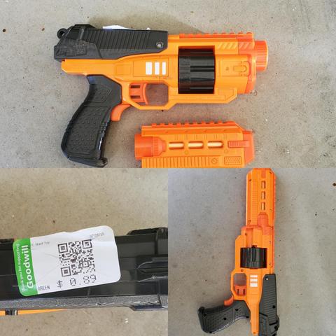 "Nerf" Blaster: Adventure Force Deuce Pro on 3 pictures: base blaster with its extended barrel detached, close up of a $0.89 price tag, pictures of the blaster with the extended barrel attached.
