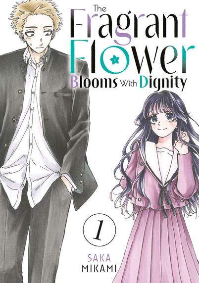 Cover of volume one of “The Fragrant Flower Blooms With Dignity” by Saka Mikami

Medium shot of Rintaro and Kaoruko walking next to each other. She’s wearing her lavendar sailor-style school uniform and looking ahead. He’s wearing his gakuran school uniform with the jacket unbuttoned and his shirt untucked and looking down at her.
