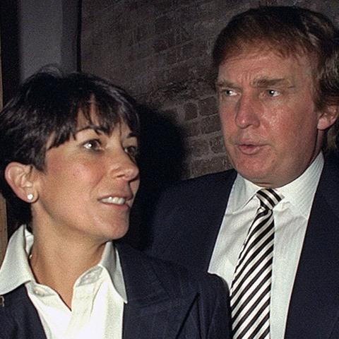 Ghislaine Maxwell in a dark suit and  Donald Trump in a striped tie pose together against a textured brick wall, conveying a formal atmosphere.