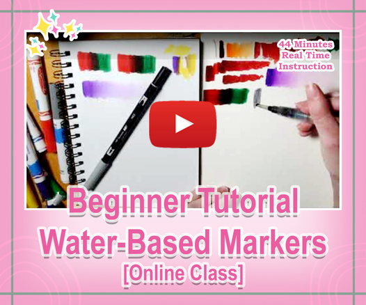 A graphic banner advertisement showcasing a sketchbook with gradients and markings made with Crayola and Tombow markers and a giant YouTube logo in the center with text: 44 minutes real time instruction. And the title: Beginner Tutorial Water-Based Markers [Online Class]