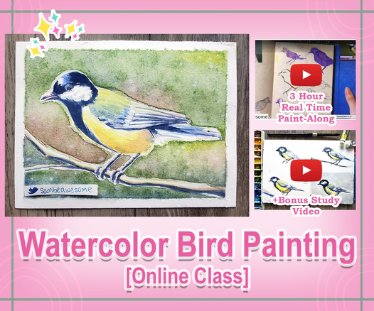 A graphic banner advertisement showcasing a watercolor painting of a yellow and green bird with a black and white head, along side a screenshot preview of two videos as part of the product purchase. Text reads: Watercolor Bird Painting [Online Class]