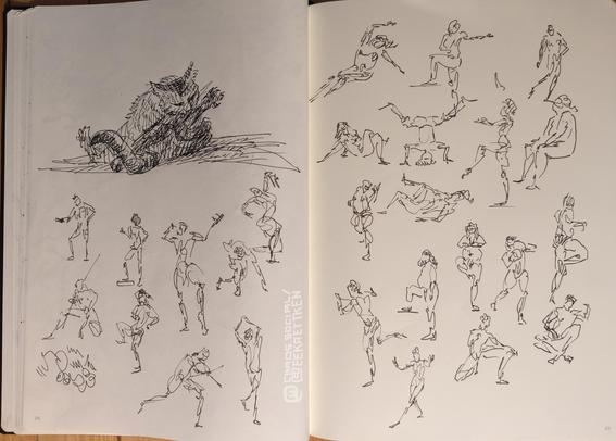 Black Fineliner on paper

Many quick sketches of people and a sketch of a cat nibbling on its leg, sitting.