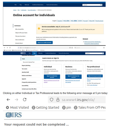 Screenshot showing IRS maintenance banner from the weekend and continuing error today.