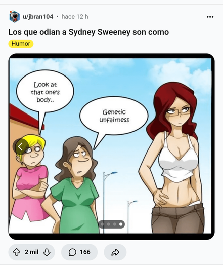 Viñeta de cómic que muestra a tres mujeres en la calle. Una mujer rubia en el centro señala a otra mujer de pelo rojizo que viste ropa ajustada, mientras que una tercera mujer a la izquierda parece descontenta. El texto de la burbuja menciona 'injusticia genética'.