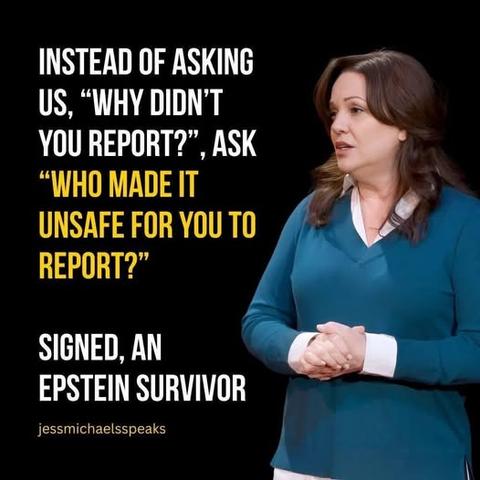 Pic: Jess Michaels giving a lecture

text:
Instead of asking us, "why didn't you report?" ask "Who made it unsafe for you to report?"

Signed, an Epstein survivor 
(jessmichaelsspeaks)