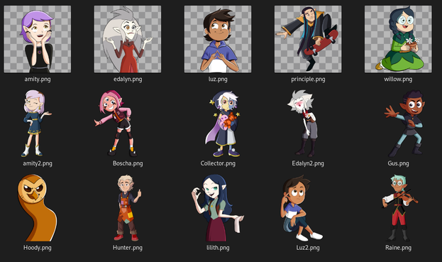 15 own house characters.

Amity with her hands on her cheeks.
Edalyn shrugging
Luz being coy with bridged fingers
Principle Bump skate boarding
Willow holding a pot with flowers while kneeling
Amit again, in her super outfit, winking
Boscha grinning and being rad
The Collector holding stuffed toys and about to cry
Edalyn puckering up for a big kiss
Gus in a n action pose
Hooty with grinning devil expression
Hunter with a sympathetic thumbs up
Lilith cleaning her glasses and looking at you
Luz sitting down and thinking
Raine playing music on his Viola