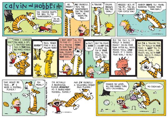 At Calvin and Hobbes comic where the child Calvin and his anthropomorphic tiger stuffed animal friend are playing with a football and each panel. They describing the rules which often contradict themselves from panel to panel and make no sense whatsoever. 

The point is have fun