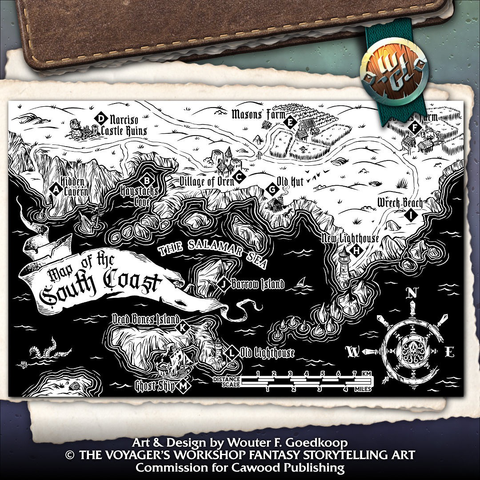 An hand inked digital map of the South Coast, illustrated with a lots of flavourful details to highlight the pirate theme that runs through the whole adventure.