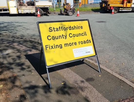 A Staffordshire County Council roadworks sign