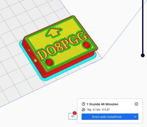 3D-Druckvorschau für meine Moxon-Halterung mit Rufzeichen "DO8PGG" drauf. Druckdauer 1 Stunde 40 Minuten. 18 Gramm/6,13 Meter Filament werden gebraucht. Kosten 0,37€ (Zzgl. Strom).