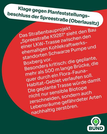 Grafik mit Text zur Klage gegen den Planfeststellungsbeschluss der Spree­straße (Oberlausitz). Es wird ein Straßenbauprojekt kritisiert, das eine LKW-Trasse zwischen zwei ehemaligen Kohlekraftwerksstandorten vorsieht und ein ökologisch sensibles Gebiet durchschneidet. Auch hier ist unten rechts das BUND-Logo.