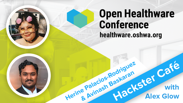 The video thumbnail, featuring the two guests, the Open Healthware conference logo and URL, and Hackster Café branding.