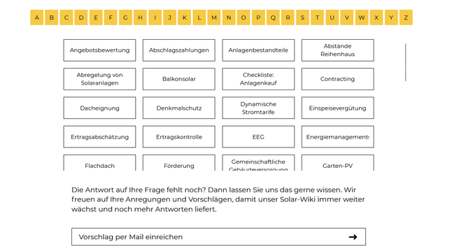 Screenshot eines Tweets mit dem Hinweis auf das SolarWiki des SFV. Zu sehen ist eine Website-Vorschau mit einem alphabetisch sortierten Themenverzeichnis zu Photovoltaik und Energiewende. Themen sind unter anderem: EEG, Förderung, Rechtshilfe, Gemeinschaftliche Gebäudever­sorgung und mehr. Oben ein gelbes Buchstabenmenü, unten ein Button „Vorschlag per Mail einreichen“.