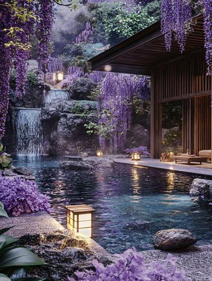 A tranquil Japanese onsen surrounded by cascading wisteria blossoms and glowing lanterns, with a clear hot spring pool reflecting the soft purple hues of twilight and a gentle waterfall in the background.