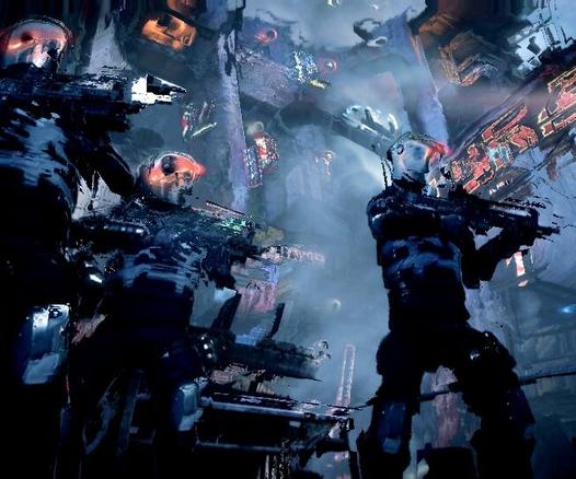 Commando di incursori con armature robotiche procede con le armi puntate in uno scenario urmano futuristico