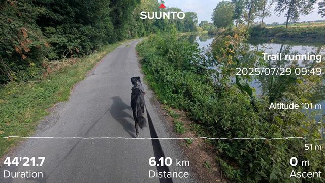 Paddy running on the road next to the canal du St Quentin.
My running stats imposed on the top.