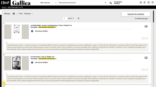 extrait des résultats de la recherche Gallica "Avertissement aux lecteurs"