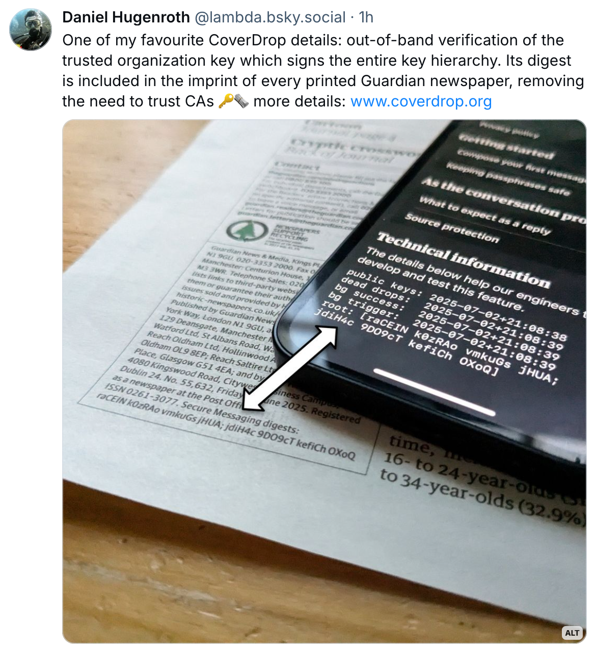 A screenshot of a Bluesky post by @lambda.bsky.social. It reads: "One of my favourite CoverDrop details: out-of-band verification of the trusted organization key which signs the entire key hierarchy. Its digest is included in the imprint of every printed Guardian newspaper, removing the need to trust CAs 🔑🗞️ more details: www.coverdrop.org" The attached image shows a phone on top of a newspaper with an arrow pointing to "Secure messaging digests" in the small print.