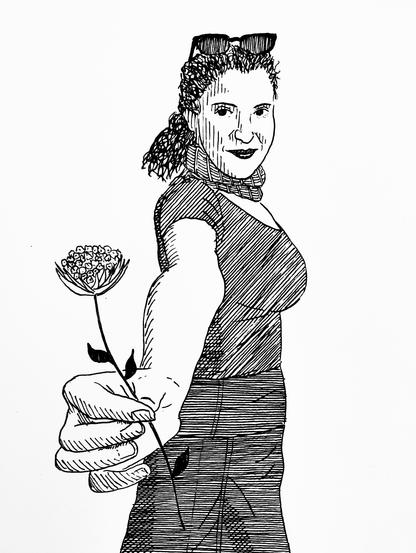 Drawing of a beautiful woman holding a flower in her hand with a ridiculous amount of foreshortening.