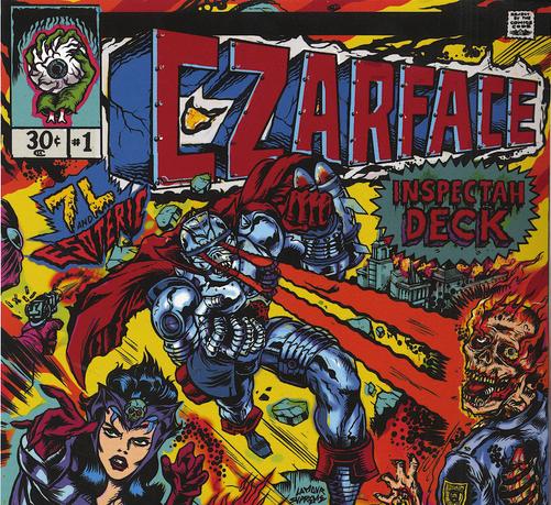 Comic book-style album cover for Czarface by Inspectah Deck, 7L, and Esoteric. A futuristic, armored superhero — Czarface — blasts through the frame with a clenched red fist and blue steel suit, mid-leap in a fiery, apocalyptic landscape. He’s surrounded by chaos: to the right, a flaming zombie cop screams in agony; to the left, a fierce sorceress with a skull tiara readies a spell. The background features a crumbling city engulfed in flames, with bolts of energy and debris flying everywhere. Bold, explosive colors — red, yellow, blue, and black — give the cover a retro 1980s comic book aesthetic. The album title “CZARFACE” towers across the top in massive block letters, while Inspectah Deck’s name bursts from a starburst design. Prices and issue numbers mimic a vintage comic, adding to the nostalgic feel.
