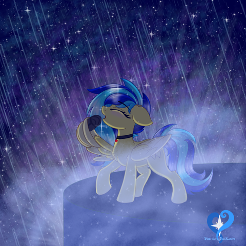 A yellow pegasus with long punky blue hair grips a microphone and belts her heart out on a stage set in space with light emerging from behind! She has a slight blush and is gripping the microphone with her wing.