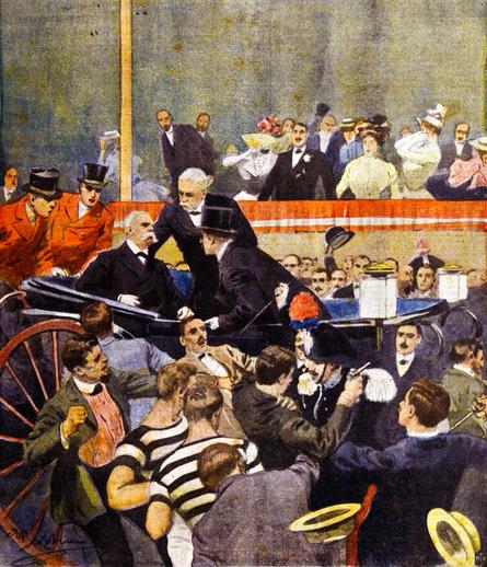 Illustration of Bresci assassinating Umberto I of Italy. Image shows Bresci, in a brown suit, holding a gun and being subdued by a cop, with the king in a horse-drawn carriage and a crowd of shocked on-lookers in the background. By Achille Beltrame - Beltrame, Achille (5 August 1900). "L’assassinio del re Umberto Io a Monza, nella sera del 29 luglio (The assassination of King Umberto I in Monza on the evening of 29 July)". La Domenica del Corriere 2 (31)., Public Domain, https://commons.wikimedia.org/w/index.php?curid=3828640