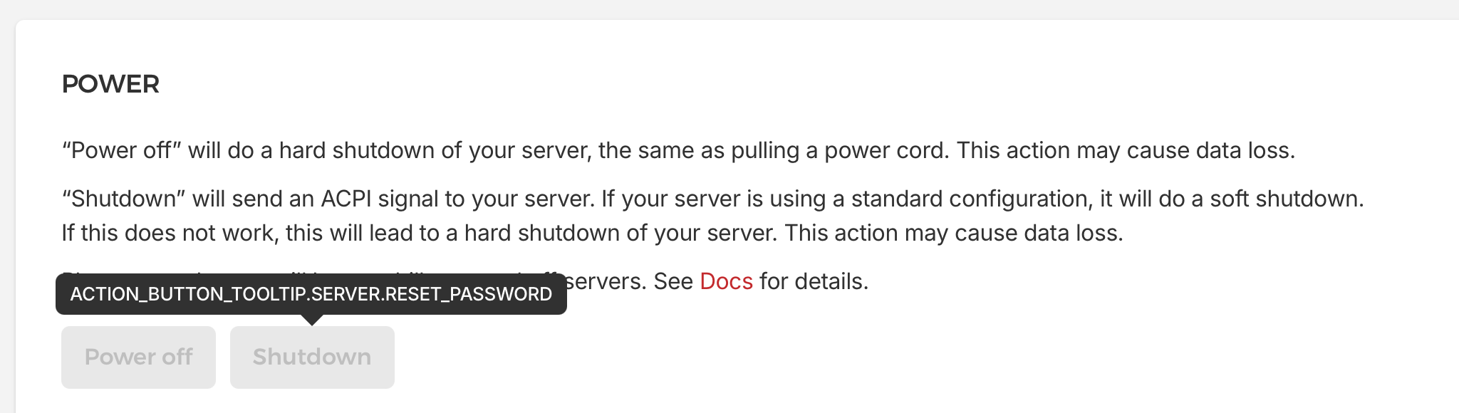 Screenshot (detail) of Hetzner interface showing that the Power off and Shutdown buttons are disabled and there is an odd tooltip text: ACTION_BUTTON_TOOLTIP.SERVER.RESET_PASSWORD.