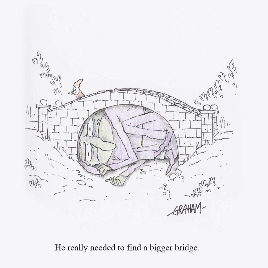 A cartoon illustration of a large sad looking troll stuffed under a stone bridge. Caption reads "He really needed to find a bigger bridge."